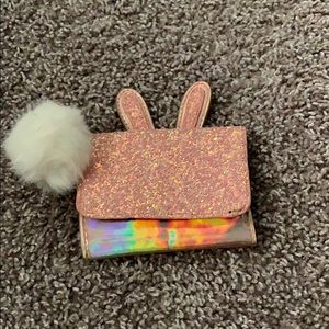 Rose gold glitter metallic wallet w/white fur ball